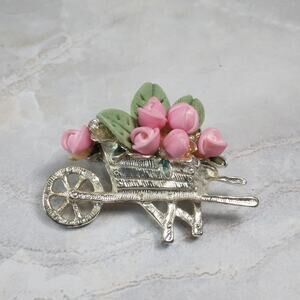 Silver Tone Wheel Barrow full of Pink Roses Brooch Pin, Vintage Spring Accessory